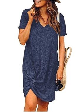Locryz Women's Summer Twist Knot Tshirt Dresses Casual Loose Dress - Blue